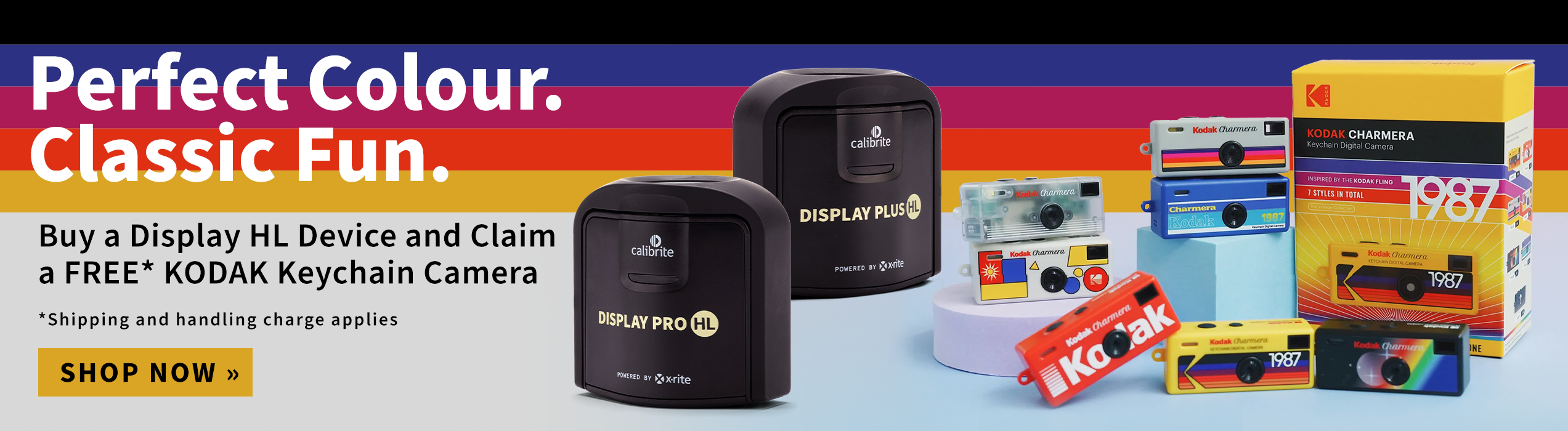 A colourful banner showing the Calibrite Display Pro & Plus HL devices with Kodak Charmera Keychain camera colour options and promotional text "Perfect Colour. Classic Fun. Buy a Display HL Device and Claim a FREE* KODAK Keychain Camera. *Shipping and handling charge applies."
