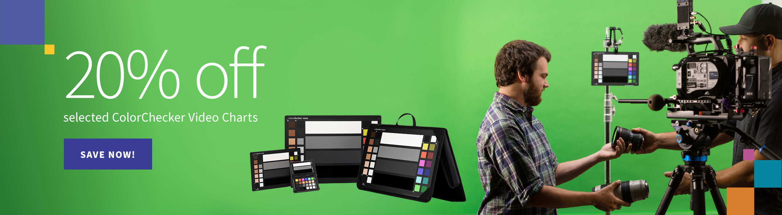 Green banner showing a film studio set up with Calibrite ColorChecker Video charts and the text "20% off selected ColorChecker Video Charts. SAVE NOW!"